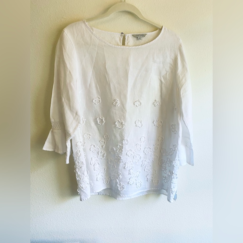 John Mark White Linen Blouse Tunic Top Embroidered Flower Crochet M Medium